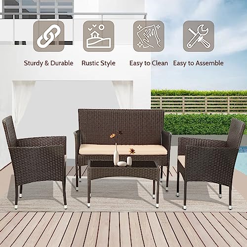 FDW Patio Furniture Set 4 Pieces Outdoor Rattan Chair Wicker Sofa Garden Conversation Bistro Sets for Yard (Brown) FDW