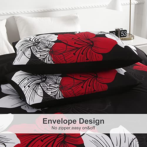 Menghomeus Black Comforter Set Full Red and White Floral Comforter with 2 Pillowcases Modern Bedding Sets Lightweight Boho Bed Set for All Season (1 Comforter, 2 Pillowcases) Menghomeus