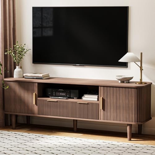 DAMCROP Fluted TV Stand, 62 Inch Mid Century Modern Media Console Table with Sliding Tambour Door Farmhouse Sideboard Buffet Cabinet Fits TVs up to 75 inch, Wood Entertainment Center for Living Room DAMCROP