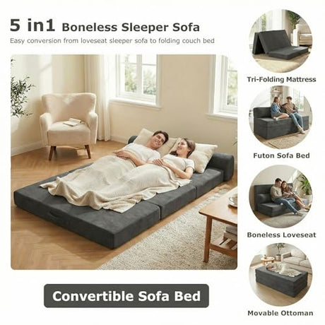 NLDD 5-in-1 Convertible Sofa Bed, Boneless Loveseat Sleeper, Tri-fold Futon Sofa Bed with Removable Cushions & Washable Cover, Pull Out Couch with Handle, for Small Spaces, Queen Size, Grey NLDD