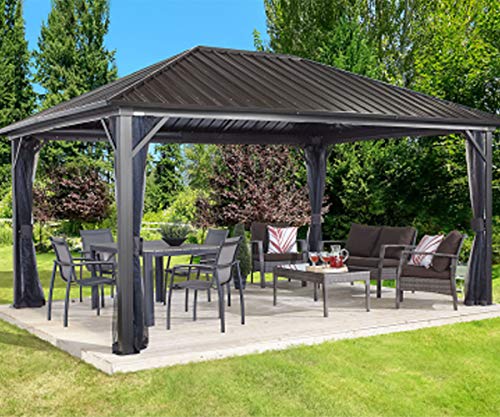 Sojag 12' x 16' Genova II Hardtop Gazebo Outdoor Weather-Resistant Aluminum Frame Shelter with Mosquito Net Black,Brown - WoodArtSupply