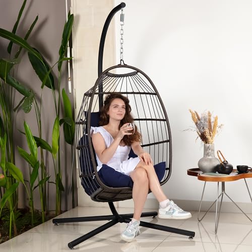 SereneLife Egg Chair with Stand – Hanging Rattan Wicker Swing for Indoor Outdoor Use – 350 lbs Capacity, Breathable Cushion & Headrest – Patio, Balcony, Porch, Bedroom Lounge Furniture SereneLife