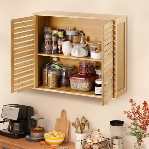 HYNAWIN Bamboo 2 Tier Bathroom Wall Cabinet with Adjustable Shelf, Double Door Cabinet for Bathroom, Living Room (20.28'' Height) HYNAWIN