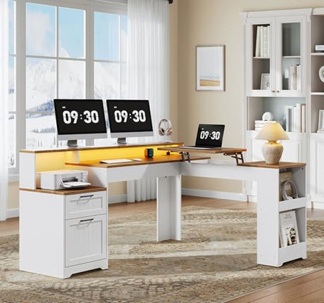 STHYTON Farmhouse 63" L Shaped Standing Desk, Corner Computer Desk with Drawers, Office Desk with File Drawers with RGB Lighting & Charging Station, Monitor Stand and Storage Shelves, White and Walnut STHYTON