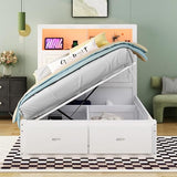 Hydraulic Platform Bed with LED Headboard, Storage Drawers, and Charging Station – Solid Wood Frame (Gray) WoodArtSupply