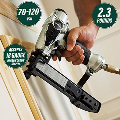 Metabo HPT Finish Stapler | Pro Preferred Brand of Pneumatic Nailers | 18 Gauge | 1/4-Inch Narrow Crown | Accepts 1/2-Inch to 1-1/2-Inch Staples | Ideal for Trim Work, Furniture & Cabinetry | - WoodArtSupply