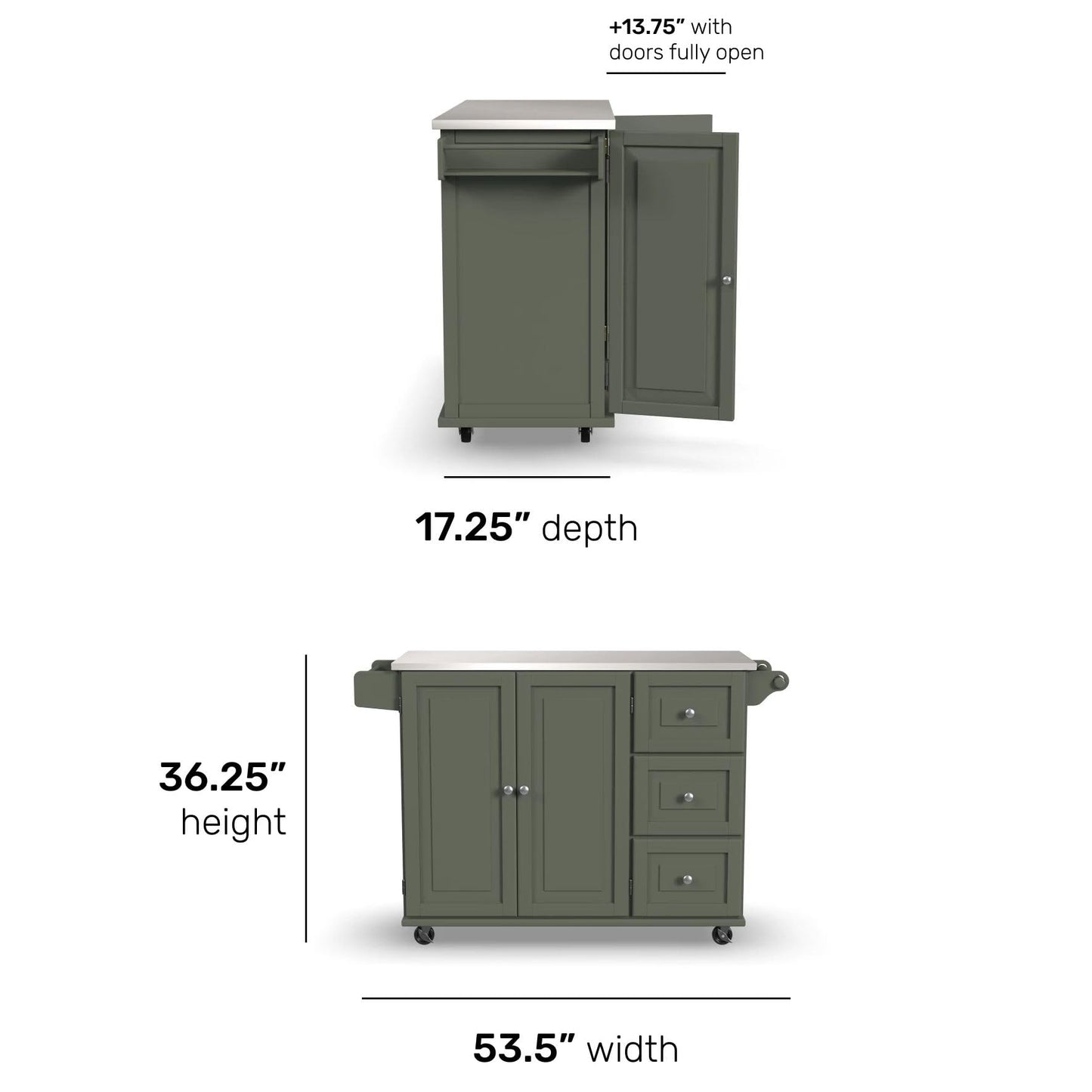 Homestyles Mobile Kitchen Island Cart with Stainless Steel Top, Sage Green - WoodArtSupply