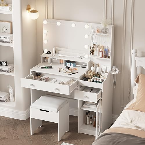 Vabches Vanity with Mirror and Lights, Makeup Vanity Table with Charging Station, Cute Vanity Set with Comfortable Bench, Big Vanity with 3 Storage Compartments, 39.8inch, White Vabches