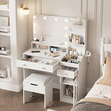 Vabches Vanity with Mirror and Lights, Makeup Vanity Table with Charging Station, Cute Vanity Set with Comfortable Bench, Big Vanity with 3 Storage Compartments, 39.8inch, White Vabches