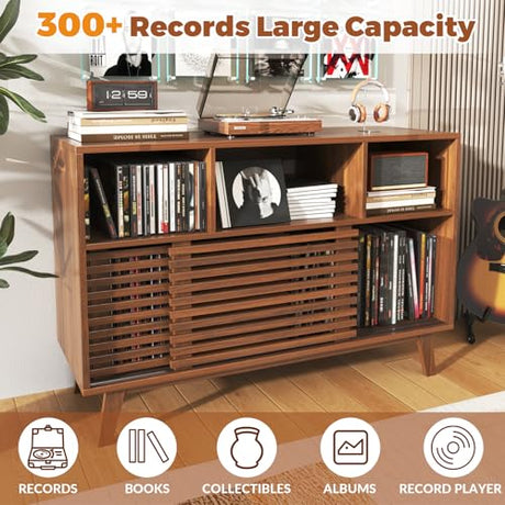47" Large Record Player Stand with Sliding Doors, Mid Century Modern Vinyl Record Storage Display Cabinet Up to 350 LPs, Turntable Media Console for Living Room Bedroom(Walnut) Forrelaxis