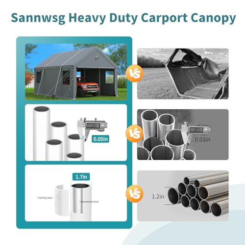 10x16FT Heavy Duty Carport Canopy,Extra Large Portable Car Tent Garage with Roll-up Windows and All-Season Tarp Cover,Removable Roof&Side Wall for Car, SUV,Boats&Truck Shelter Logic Storage Sannwsg