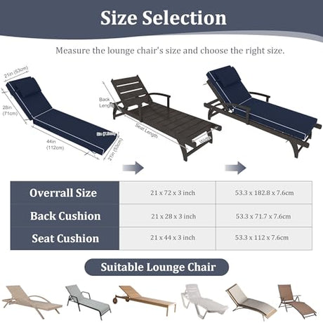 PZDJUMO Chaise Lounge Cushions Outdoor Set of 2 Lounge Chair Cushion 72" L x 21" W with Headrest Straps 3'' Thick Waterproof PU Patio Chaise Cushions Pool Lounger Chair Cushion(Navy Blue) PZDJUMO