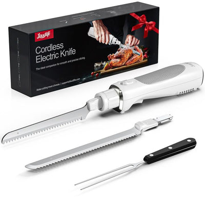 LAUDLIFE Electric Knife, Cordless Cutting Knife, Ergonomic Design with Comfortable Contoured Grip Rechargeable Easy-Slice Electric Carving Blade for Meat Slicing, Bread, Fillet, Turkey, White