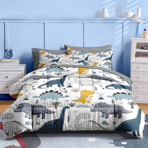 Nesker 5 Pcs Comforter Set Twin Size, Cute Dinosaur Bedding for Kids Teen, Blue Yellow Gray Dino Bedding Set with Pillowcase & Sham for Bedroom Bed Decor Nesker