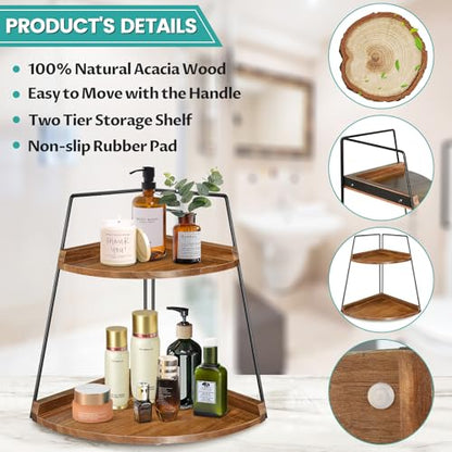 PICKKROSS Acacia 2 Tier Bathroom Counter Organizer, Wood Bathroom Organizer Countertop, Corner Storage Shelf Counter Standing Rack, Cosmetic Vanity Tray Kitchen Spice Rack, Bathroom Decor