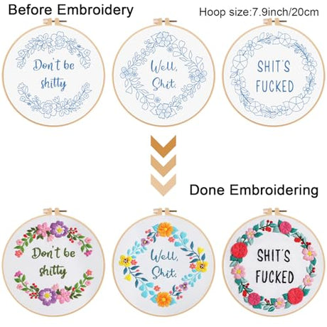 Louise Maelys 3 Sets Funny Embroidery Kits for Beginners,Cross Stitch Kit for Adults,DIY Starters Needlepoint with Flower Wreath Pattern,Including Instruction and Threads Louise Maelys