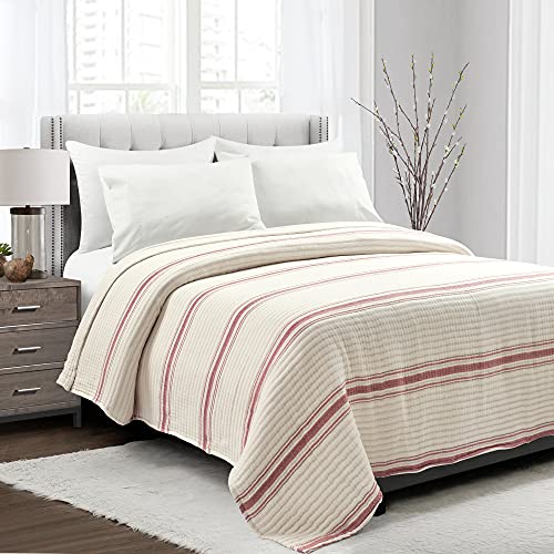 Lush Decor Farmhouse Stripe Kantha Pick Stitch Cotton Quilt/Coverlet Single Full/Queen, Red - Striped Bedding Queen Quilt - Queen Blanket For Bed Lush Decor