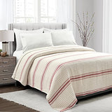 Lush Decor Farmhouse Stripe Kantha Pick Stitch Cotton Quilt/Coverlet Single Full/Queen, Red - Striped Bedding Queen Quilt - Queen Blanket For Bed Lush Decor