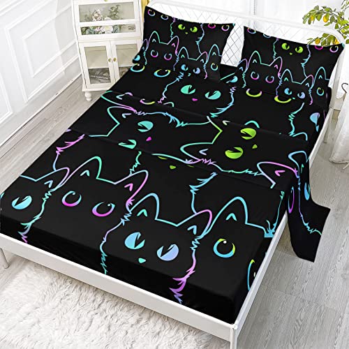 Axolotl Kids Bedding Cute Cat Sheet Set Twin Size, Gradient Line, 4Pcs Kawaii Cat Bed Sets with 1 Fitted Sheet 1 Flat Sheet 2 Pillowcases for Kids Boys Girls Adults Teens, Black Axolotl