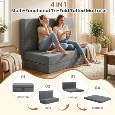 Erament 6-Inch Tri-Fold Mattress Full Size, Covertible Bed Floor Futon Mattress with Handles & Non-Slip Bottom, Foldable Mattress with Removable Tufted for Guest, Camping, Dorm Erament