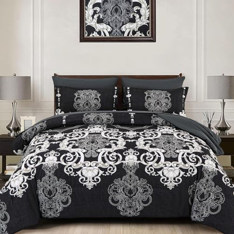 Mybedsoul Queen Comforter Set, 7 Pieces Boho Bed in a Bag for Queen Bed, Black Damask Comforter Set with Sheets, Pillowcases & Shams, Soft Microfiber Lightweight Bedding Sets for All Season(90"x90") Mybedsoul