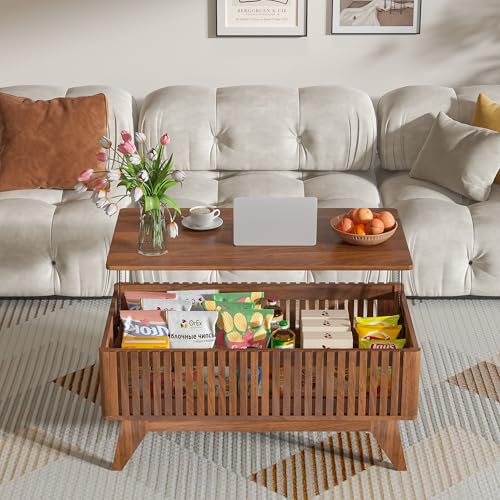 Lift Top Coffee Tables with Hidden Compartment, Mid Century Modern Coffee Table for Living Room, Fluted Design Farmhouse Center Table with Storage (Walnut) Oubayajia