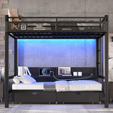 Bellemave Full Over Full Bunk Beds with Storage Shelves & Drawers, Metal Bunk Bed Full Over Full with Charging Station & LED Lights, Space Saving Bed Frame Convertible to Sofa Design, Black Bellemave