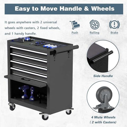 SumKea 4-Drawer Rolling Tool Chest, 24.26" Cabinet with 4 Wheels Tool Chest with Drawers, Suitable for Garages, Warehouses, Workshops, Repair Shops, Black - WoodArtSupply