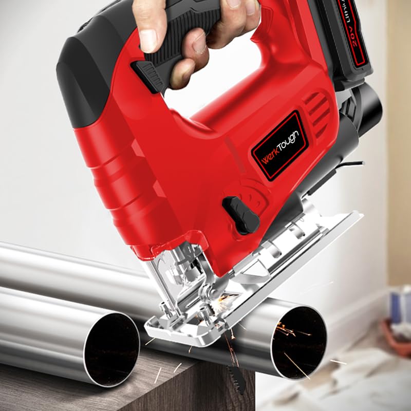 Powertough Cordless Jig Saw,20V Electric Jigsaw Tool Kit with Variable Speed,Pendulum Function, 0-45°Adjustable Cutting Bevel,2.0A Li-ion Battery With 1 Hour Fast Charger,9pcs Free Blade PowerTough