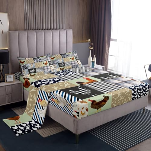 Feelyou Chicken Bed Sheets Set King Size Rooster Hen Print Sheet Set for Kids Boys Girls Decor Cute Blue Grey Green Sheets with Deep Pocket Fitted Sheet Geometric Bedroom Feelyou