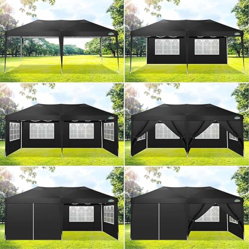 COBIZI Canopy 10x20 Pop Up Canopy Tent with 6 Sidewalls Party Tents for Parties Weddings Backyard Waterproof Outdoor Commercial Event Tent with Stakes, Ropes, Black COBIZI