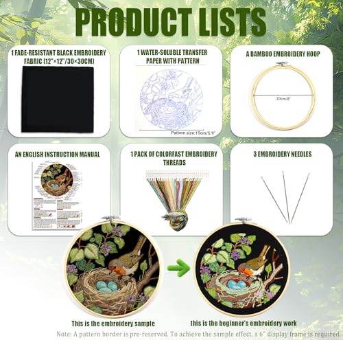 GOLDEN SMILE Robin Embroidery Starter Kit (8" Bamboo Hoop, 3 Needles & Ample Thread Included) - Water-Soluble Nest Pattern, Video Tutorials for Beginners - Create a Symbol of Hope & Warmth