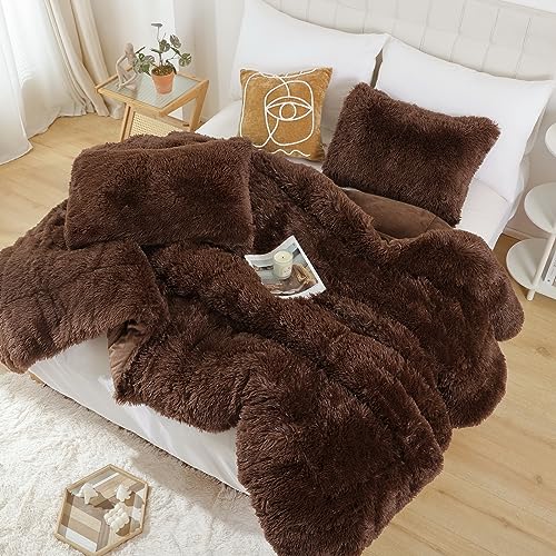 Smoofy Fluffy Queen Comforter Set, Faux Fur Comforter Set Queen Size, Luxury Fuzzy Bedding Set, Soft Shaggy Bed Set for All Season, 3 Pieces - 1 Comforter & 2 Pillowcases, Coffee Smoofy