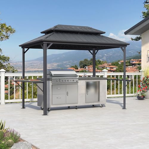 PURPLE LEAF 6.5' X 10' Hardtop Grill Gazebo for Patio Permanent Aluminum Barbeque Shelter Gazebo Canopy with Ceiling Hook and Shelves Double Tiered Grey Outdoor BBQ Gazebo PURPLE LEAF
