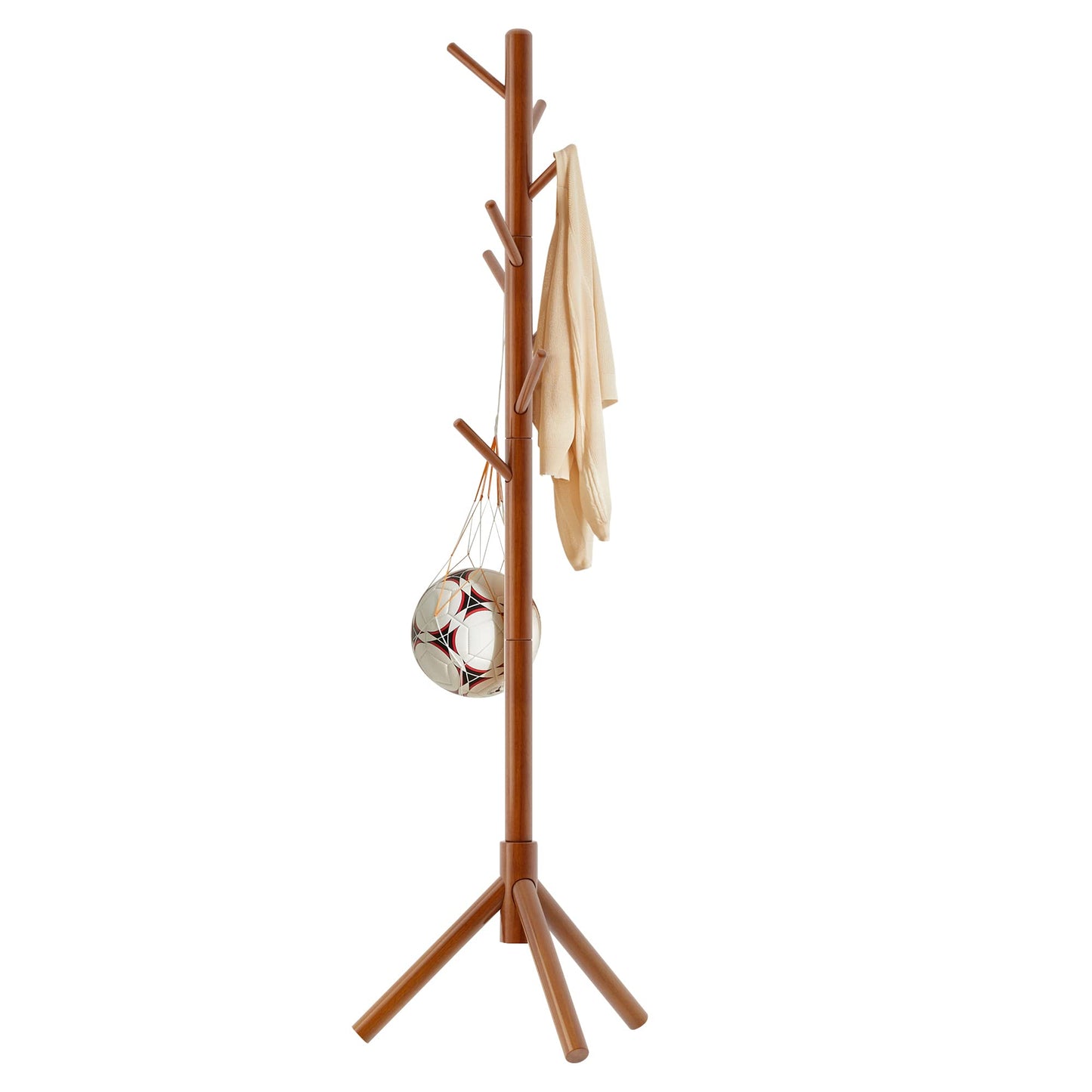 Aibiju Wood Coat Rack Freestanding, Coat Tree with 8 Hooks, 3 Height Options, Suitable for Kids and Adult, Coat Stand for Bedroom Office Entrance Brown YD-1006