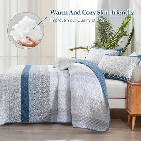 WONGS BEDDING Blue Quilt King Size, Bohemian Stripe Quilt Sets 3 Pieces Boho Quilted Bedspread Set Lightweight Microfiber Coverlet Bedding Set All Season (104"x90") WONGS BEDDING