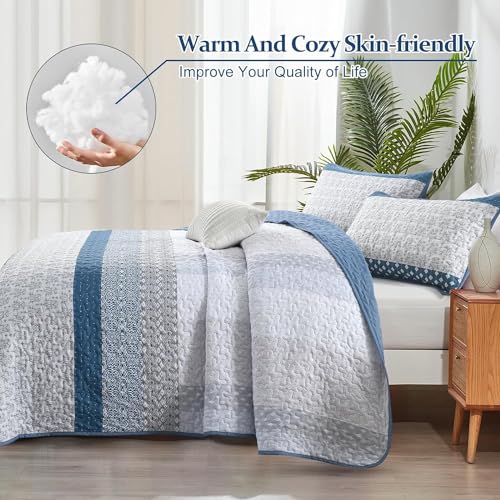 WONGS BEDDING Blue Quilt Twin Size, Bohemian Stripe Quilt Sets 2 Pieces Blue Boho Quilted Bedspread Set Lightweight Microfiber Coverlet Bedding Set All Season (68"×86") WONGS BEDDING