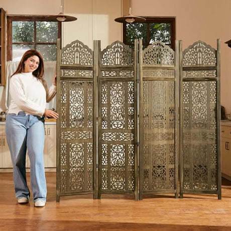 5.75Ft Room Divider Wood Screen, 33Lbs Durable Antiqued Style MDF Carved Headboard, Reversible Freestanding Folding Partition Paravent for Home Terrace, 69 * 71 inch(H*W) - 4 Panels (Antique Brown) Svimi
