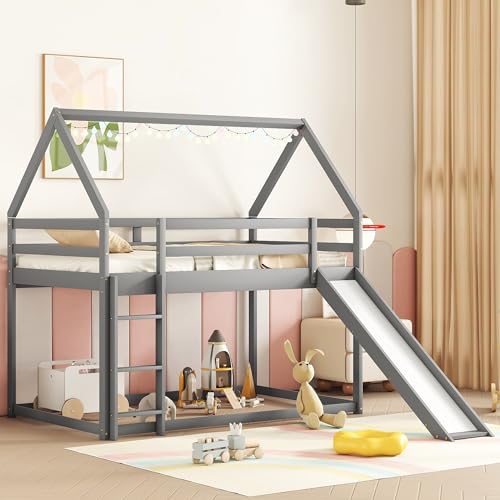 MERITLINE Twin Over Twin House Bunk Beds with Slide, Low Floor Bunk Bed for Kids, Girls, Boys,Grey MERITLINE