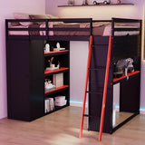 Merax Full Size Loft Bed with Desk and 6 Storage Shelves, Wardrobe, Blackout Curtain, Sturdy Wood Gaming Loft Bunk Bed Frame with USB Port & RGB Lights, No Box Spring Needed, Space-Saving, Black+Red Merax