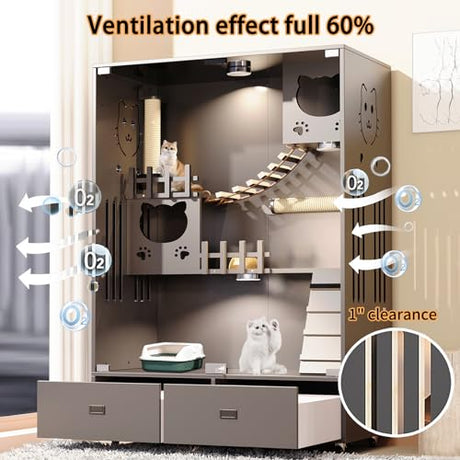 Wooden Cat House Large Space Cat Cage, Indoor/Outdoor Cat Enclosure with Wheels, Multi-Feature Enclosed Cat Condo with 2 Drawers for Indoor Cats, 57" X 36" X 24" HUATOL