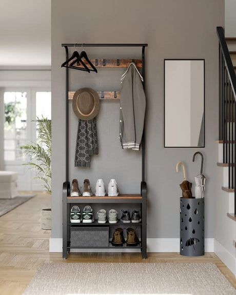 VASAGLE Coat Rack, Hall Tree with Shoe Bench for Entryway, Entryway Bench with Coat Rack, 4-in-1, with 9 Removable Hooks, a Hanging Rod, 13.3 x 28.3 x 72.1 Inches, Rustic Brown and Black UHSR40B VASAGLE