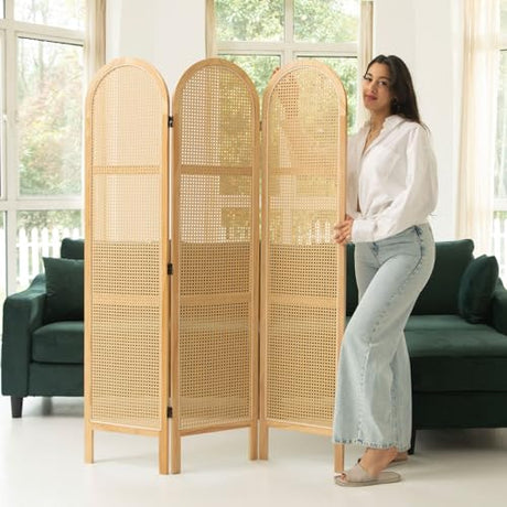 Svimi Room Dividers and Folding Privacy Screens, Pine Wood 5.6 Ft Double Hinged Rattan Partition Freestanding Wall Room Divider for Home - 3 Panels (Natural) Svimi