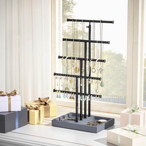 Love-KANKEI Jewelry Organizer Stand,5 Tier Large Necklace Holder with Wood Base,Jewelry holder stand Tree for Display,Bracelets Earrings Rings,Height Adjustable Gift Weathered Grey Love-KANKEI