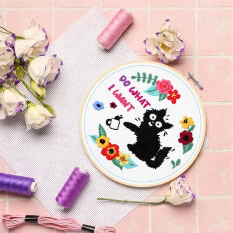 Rivvlive 4 Sets Funny Cat Embroidery Kit with Embroidery Hoop Pattern Needlepoint Kit for Beginners and Adults Needlepoint Crafts Set with Needles Thread and Instruction DIY Rivvlive
