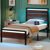 VINGLI Kids Twin Bed Frame with LED Headboard & Footboard, USB Charging Station, Metal Single Platform with 12-Inch Under Bed Storage Space for Dorm Bedroom Teen Guest Room, Mahogany Brown VINGLI