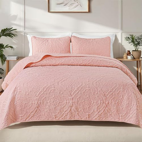 Exclusivo Mezcla Quilts Queen Size Bedding Set with 2 Pillow Shams, Lightweight Blush Pink Full Queen Quilt Bedspread with Vintage Damask Pattern, Soft Bedspreads Coverlets for All Seasons Exclusivo Mezcla