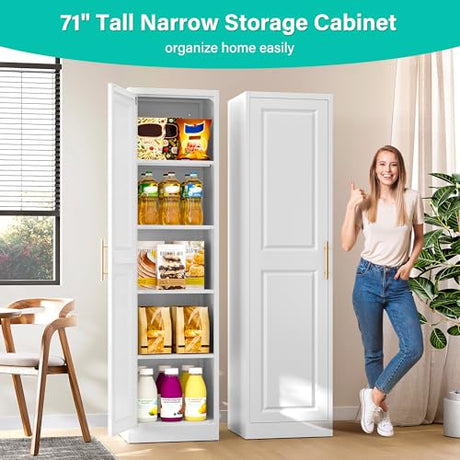 SISESOL 71" Tall Narrow Storage Cabinet with 1 Door and 5 Shelves,Slim Kitchen Pantry Cabinet,White Metal Bathroom Cabinets,Large Cupboard for Home,Kitchen,Laundry,Bathroom SISESOL