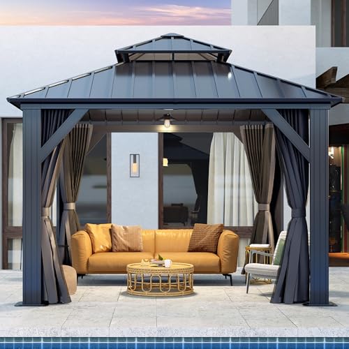 Raysfung 10 X 10ft Hardtop Gazebo, Galvanized Steel Double Roof Gazebo with Nettings and Curtain Outdoor Aluminum Frame Vertical Stripes Roof Permanent for Patio, Backyard, Lawns Raysfung