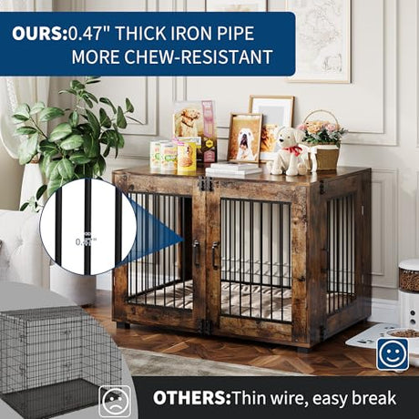 31.5" Dog Crate Furniture - Chew-Resistant Wooden Kennel with Locking Double Doors, Indoor Pet Cage End Table for Medium Breeds GAOMON